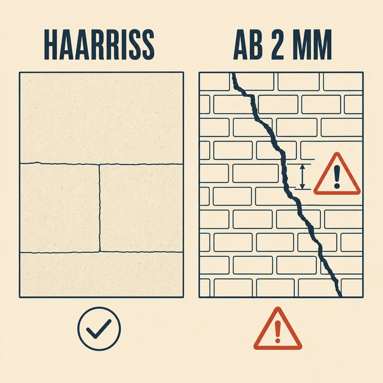 Infografik: harmloser Haarriss im Putz gegenüber ernstem Riss ab 2 mm schräg durch die Steine